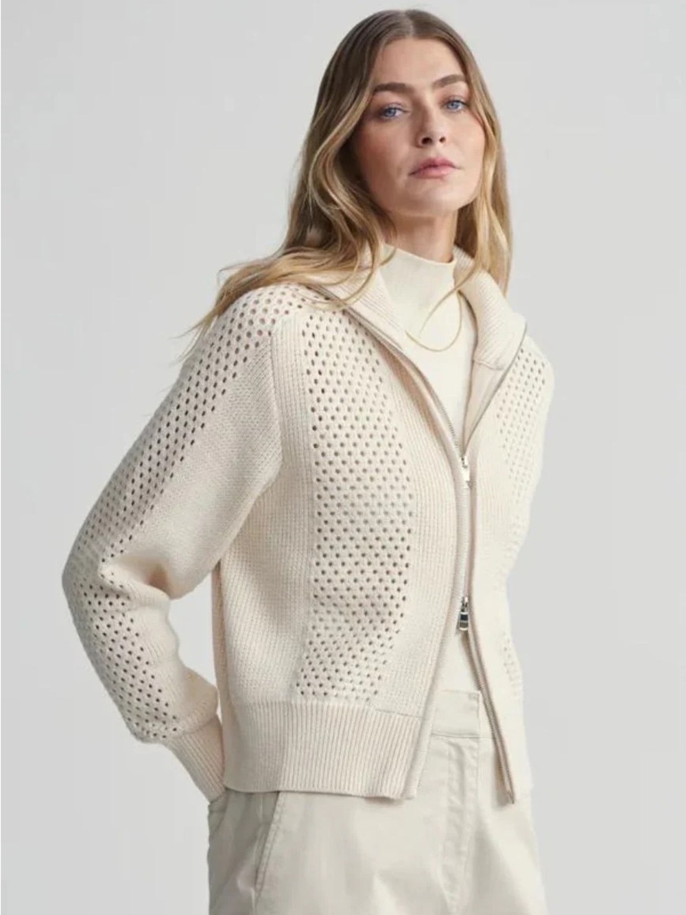 VARLEY FARINA POINTELLE KNIT COTTON ZIP FRONT CREAM CARDIGAN SWEATER